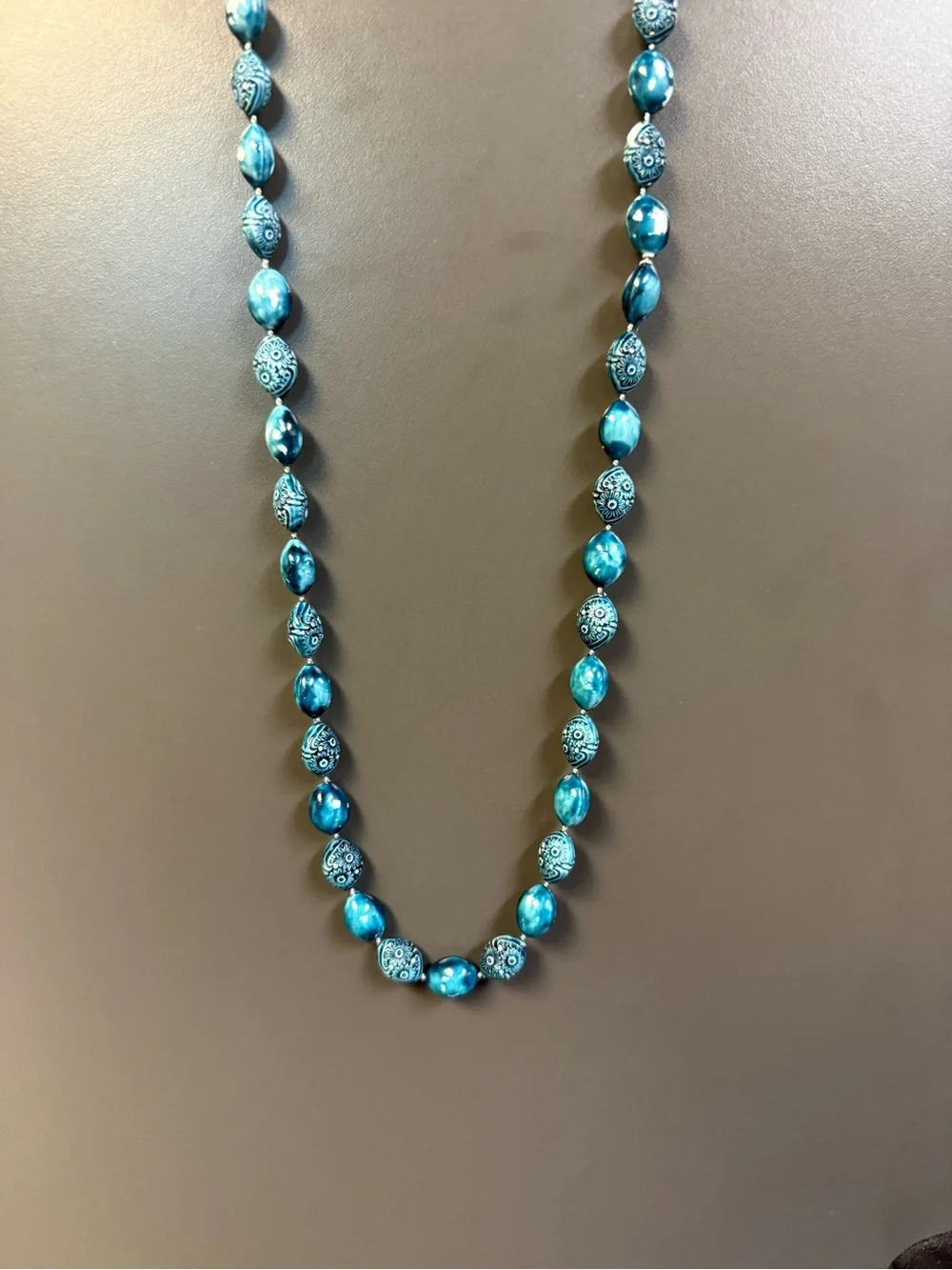 Blue Floral Ceramic Textured Bead 28” Necklace